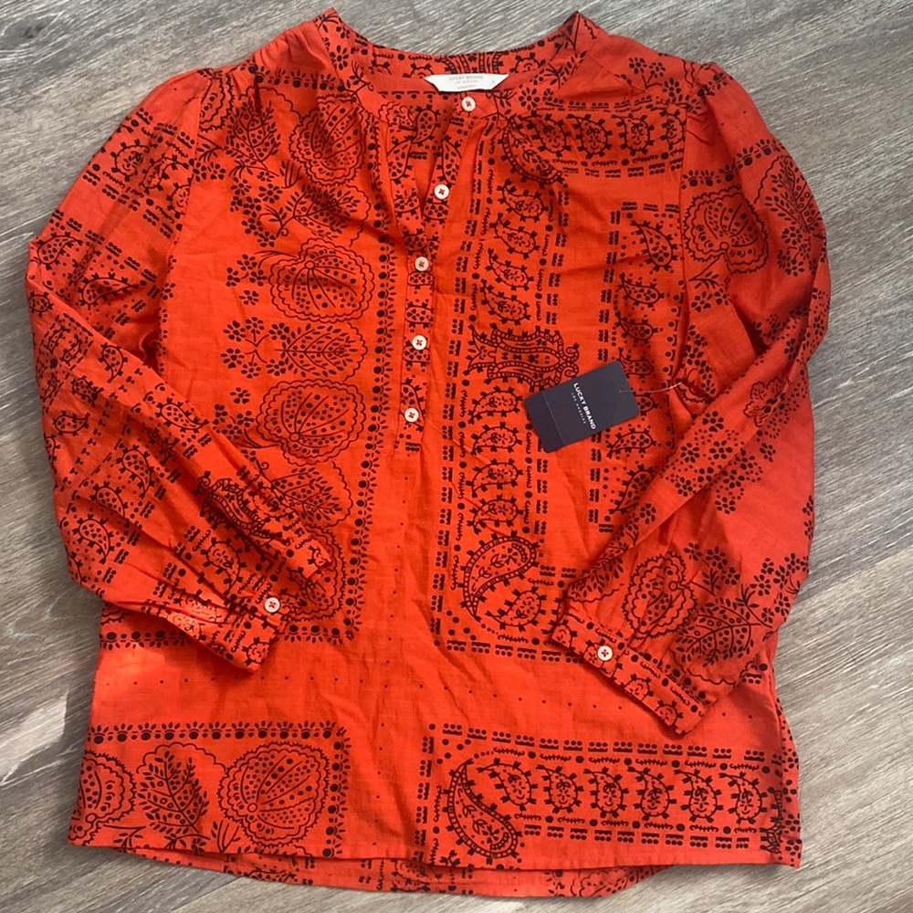 NWT lucky brand red blouse . Paisley Print . Long sleeve. Size small